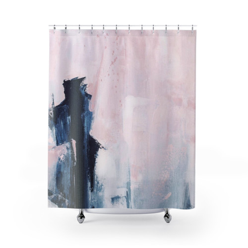 Abstract art shower curtain in pink and navy blue