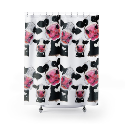 Cow print shower curtains featuring The Nosey Family design by Shirley MacArthur