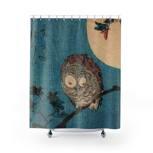 HD Shower Curtains featuring Small Horned Owl on Maple Branch by Hiroshige