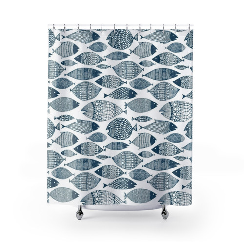 Blue Fish Shower Curtains with Nautical Ocean Theme