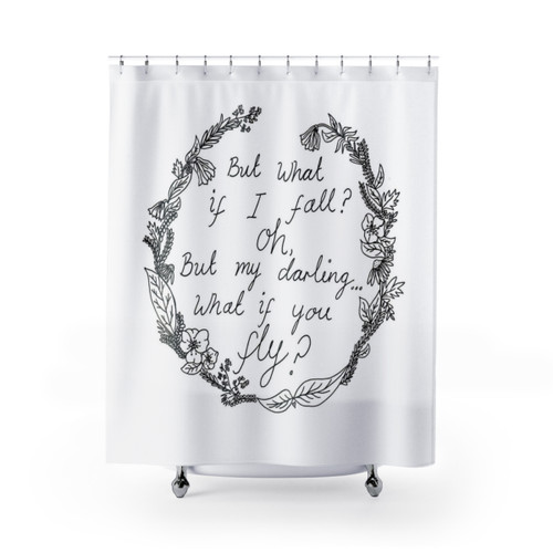 Whimsical Peter Pan-themed shower curtain with hand-drawn floral design