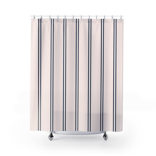 Navy blue and white striped shower curtain