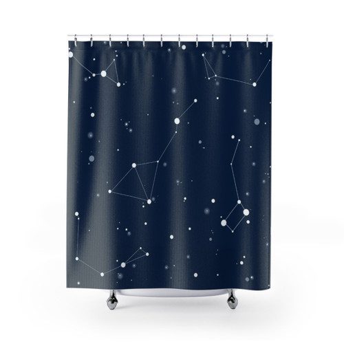Navy night sky shower curtain with star constellations