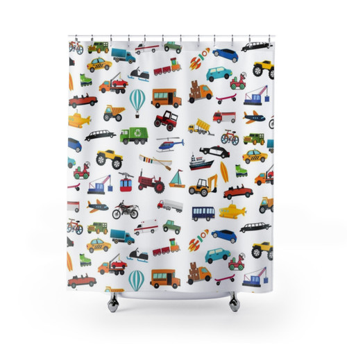 Kids Shower Curtains with Colorful Vehicle and Transportation Patterns