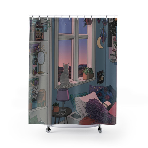 Early Morning Shower Curtains with Space & Cosmic Decor