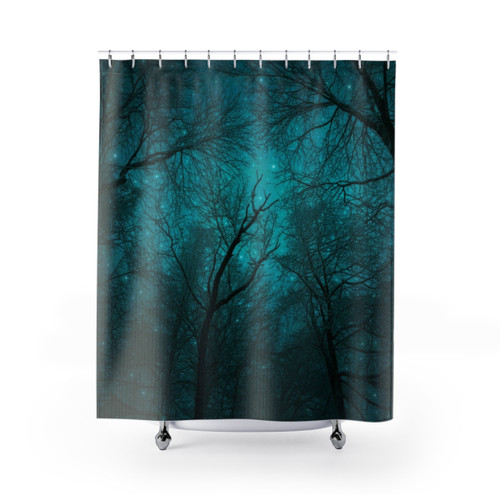 Upward Gazing Shower Curtains with Celestial and Woodland Designs