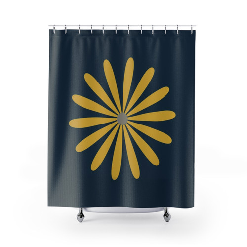 Minimalist Floral Shower Curtains in Navy Blue, Mustard Yellow & Grey
