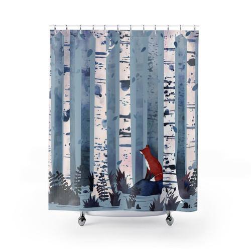 Birches Watercolor Shower Curtains in Blue