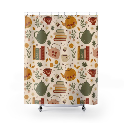 Flowery book lover's tea time shower curtain