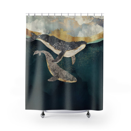 Bond II Shower Curtains featuring a mother and baby whale design
