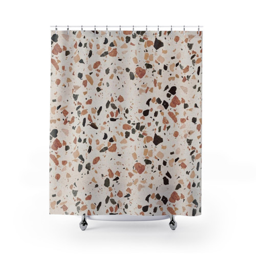 Terrazzo pattern shower curtains in beige, white, and brown colors
