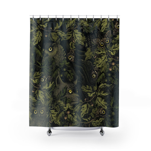 Autumn Nature-Inspired Shower Curtain with Leaves, Owls, and Camouflage