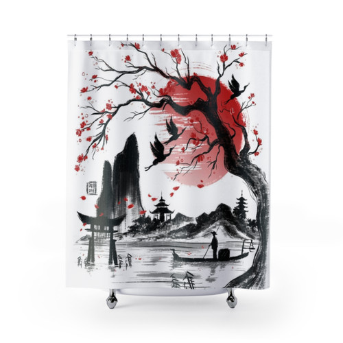 Japan Dream Shower Curtains with Sakura Landscape Design