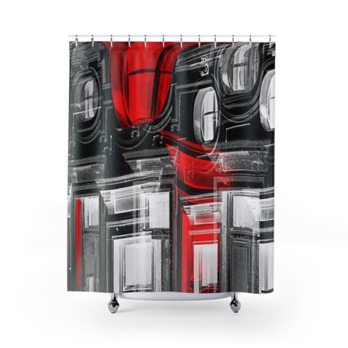 Decorative red and white shower curtains with abstract pattern