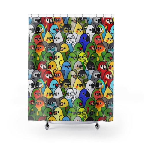 Colorful bird-themed shower curtain with parrots, cockatiels, and other avian friends