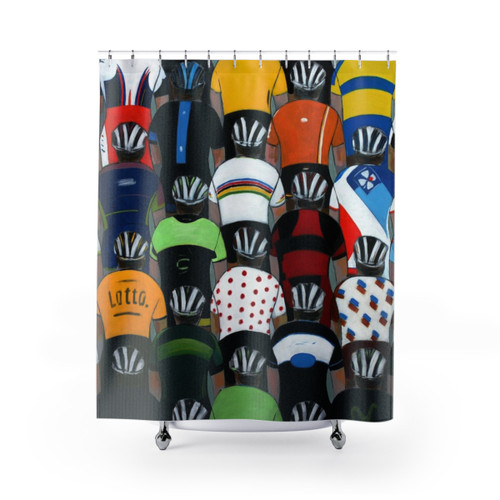 Maillots Cycling Shower Curtains featuring professional cycling team logos