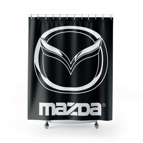 Mazda themed shower curtain featuring the Mazda logo