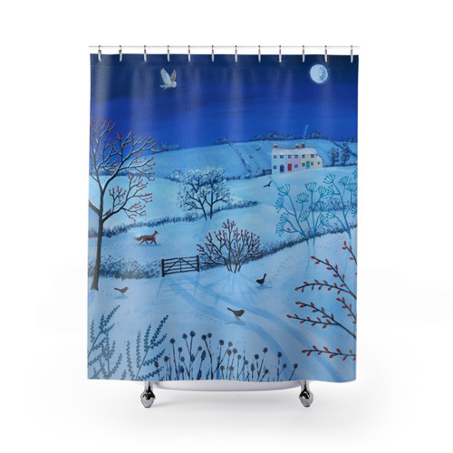 Enchanting Snow Scene Shower Curtains featuring a moonlit winter landscape with foxes