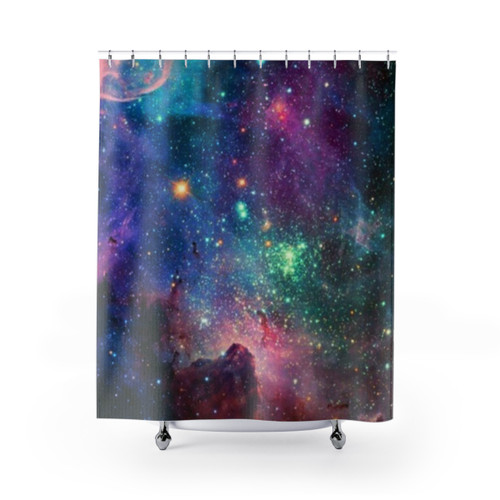 Galaxy Themed Shower Curtain with Planets, Moons, and Stars