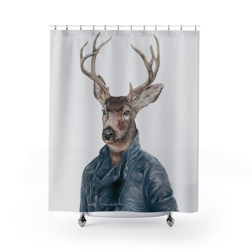 Navy Blue Deer Shower Curtains - Rustic Woodland Art