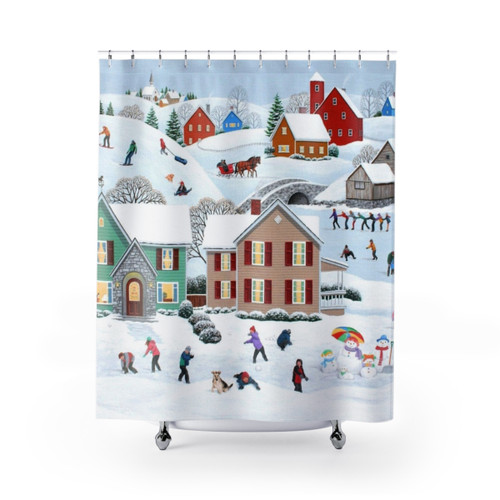 Winter Wonderland Shower Curtains with Scenic Snow and Ice Skating Scenes