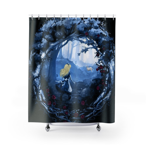 Alice in Wonderland Themed Shower Curtain with Rabbit, Flowers, and Nature Motifs