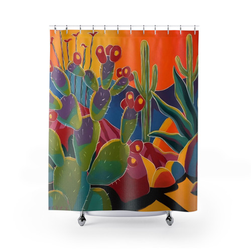 Desert Light Southwestern Shower Curtains with Cacti and Sunset Imagery