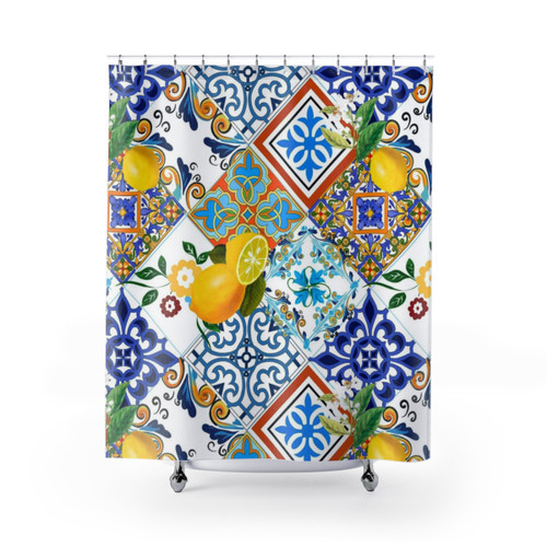 Colorful mosaic shower curtain with Portuguese tile design