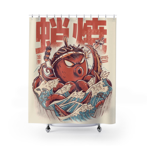 Takoyaki Attack Shower Curtains - Retro Japanese Kaiju Design