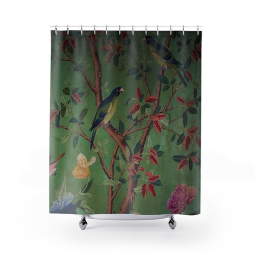 Green Chinoiserie Shower Curtain with Floral and Bird Design