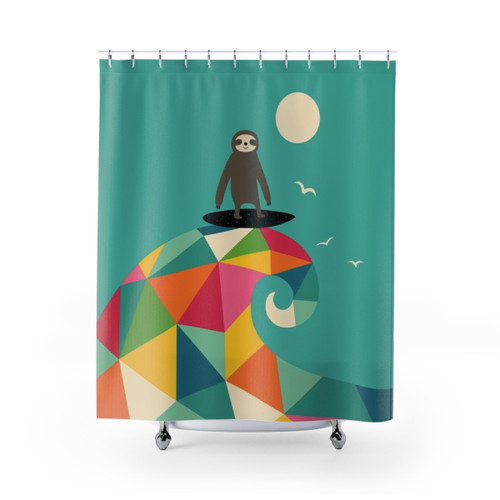 Surfs Up Shower Curtains featuring a vibrant, geometric design with a surfing sloth