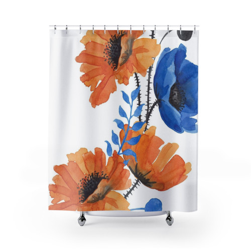 Poppy Shower Curtains in Orange and Blue Floral Design