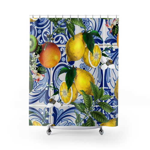 Mediterranean Lemon Tile Print Shower Curtains