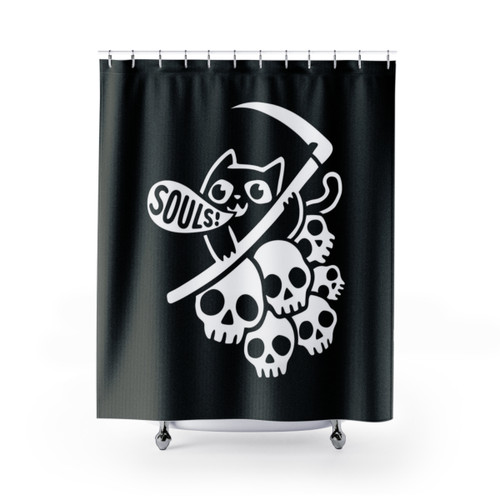 Dark cat themed shower curtain with grim reaper and skulls