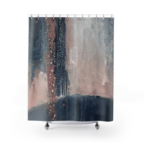Abstract pink and blue shower curtain with modern, minimalist design