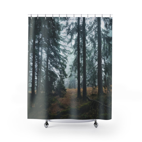 Misty forest shower curtain with dark trees and moody atmosphere