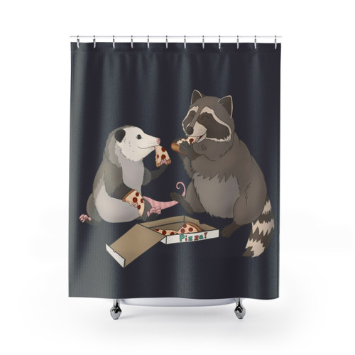 Possum and Raccoon Eating Pizza Shower Curtain