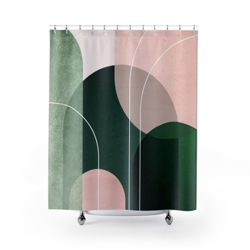 Mid-Century Arched Pink and Green Shower Curtains