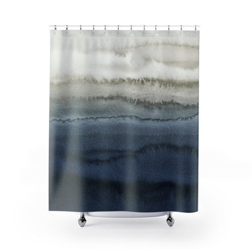 Blue watercolor shower curtain with crashing waves design