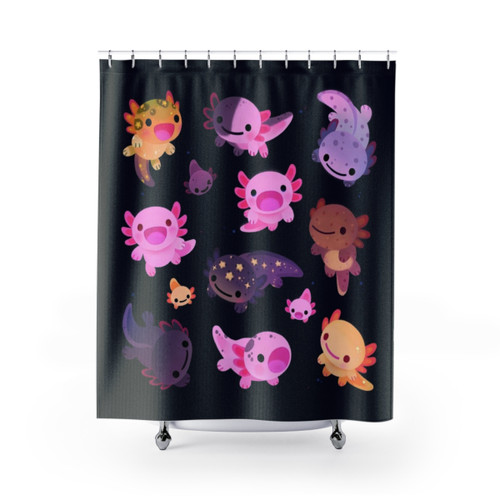 Adorable axolotl shower curtain featuring a happy, smiling axolotl