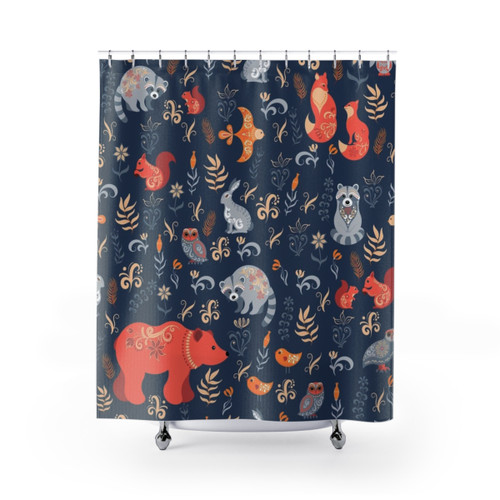 Enchanting forest-themed shower curtain with animals
