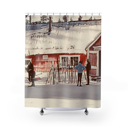 Ski-themed shower curtain with snowy mountain design