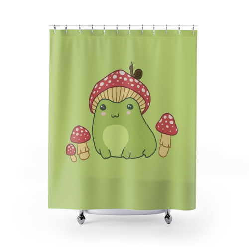 Kawaii Frog Shower Curtains with Mushroom Hat and Cottagecore Aesthetic
