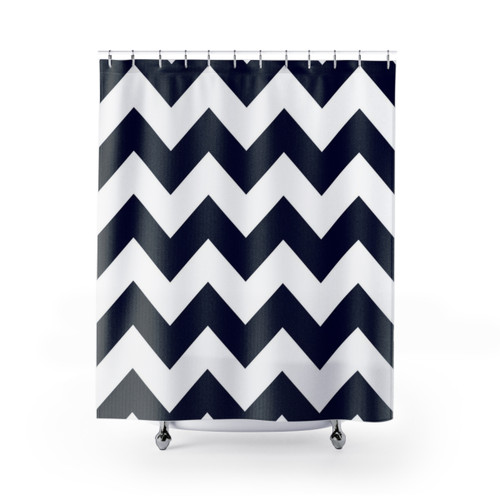 Navy blue and white chevron stripe shower curtain