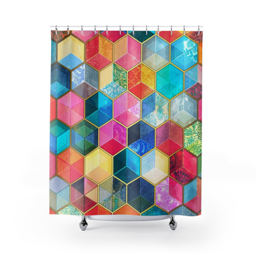 Colorful Hexagon Shower Curtains with Crystal Bohemian Honeycomb Design