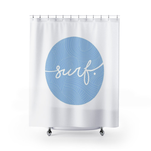 Surf-inspired shower curtain with blue and white wave design