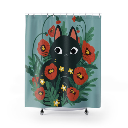 Cat in Poppy Flowers Shower Curtains