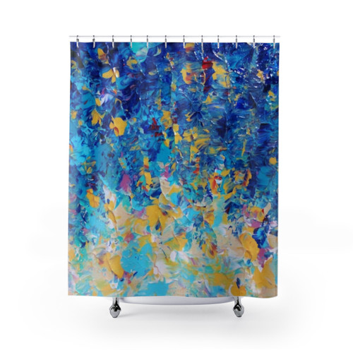 Abstract Sunrise Shower Curtains - Bold Blue and Yellow Painting Design