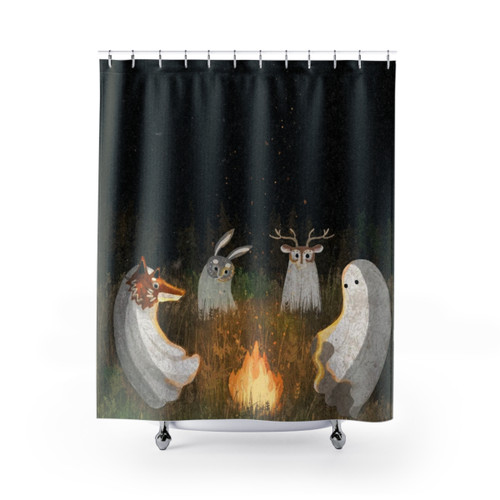 Spooky Halloween Shower Curtains with ghosts, animals, and autumn design