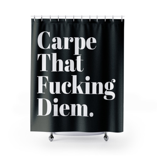 Inspirational black and white shower curtain with Carpe Diem quote
